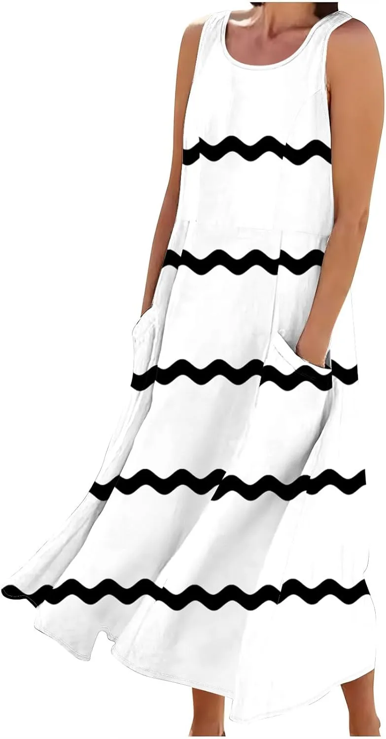 Sundresses for Women 2024 Trendy Sleeveless Printed Loose Fit Ankle Length Dresses Round Neck Flowy Long Dresses