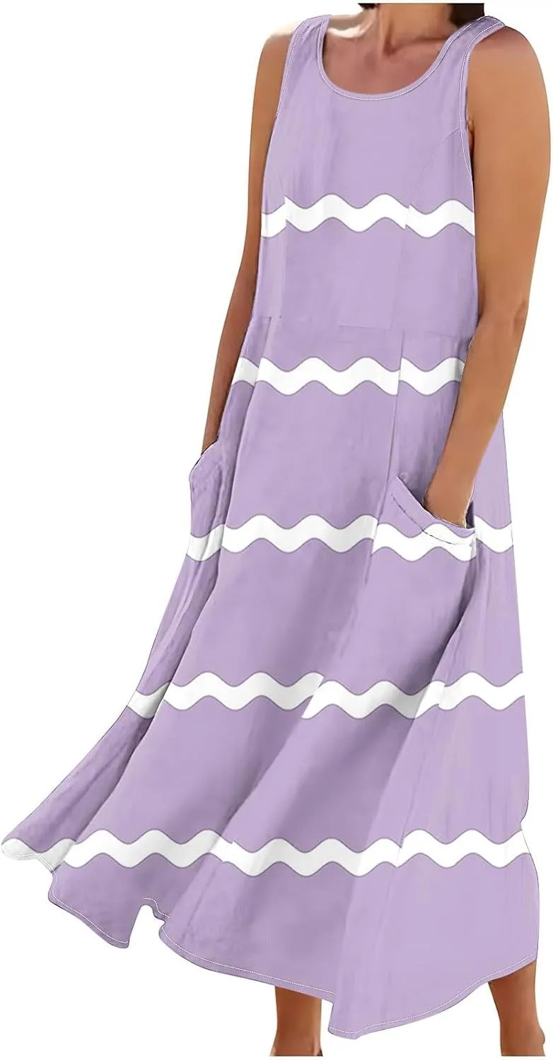 Sundresses for Women 2024 Trendy Sleeveless Printed Loose Fit Ankle Length Dresses Round Neck Flowy Long Dresses