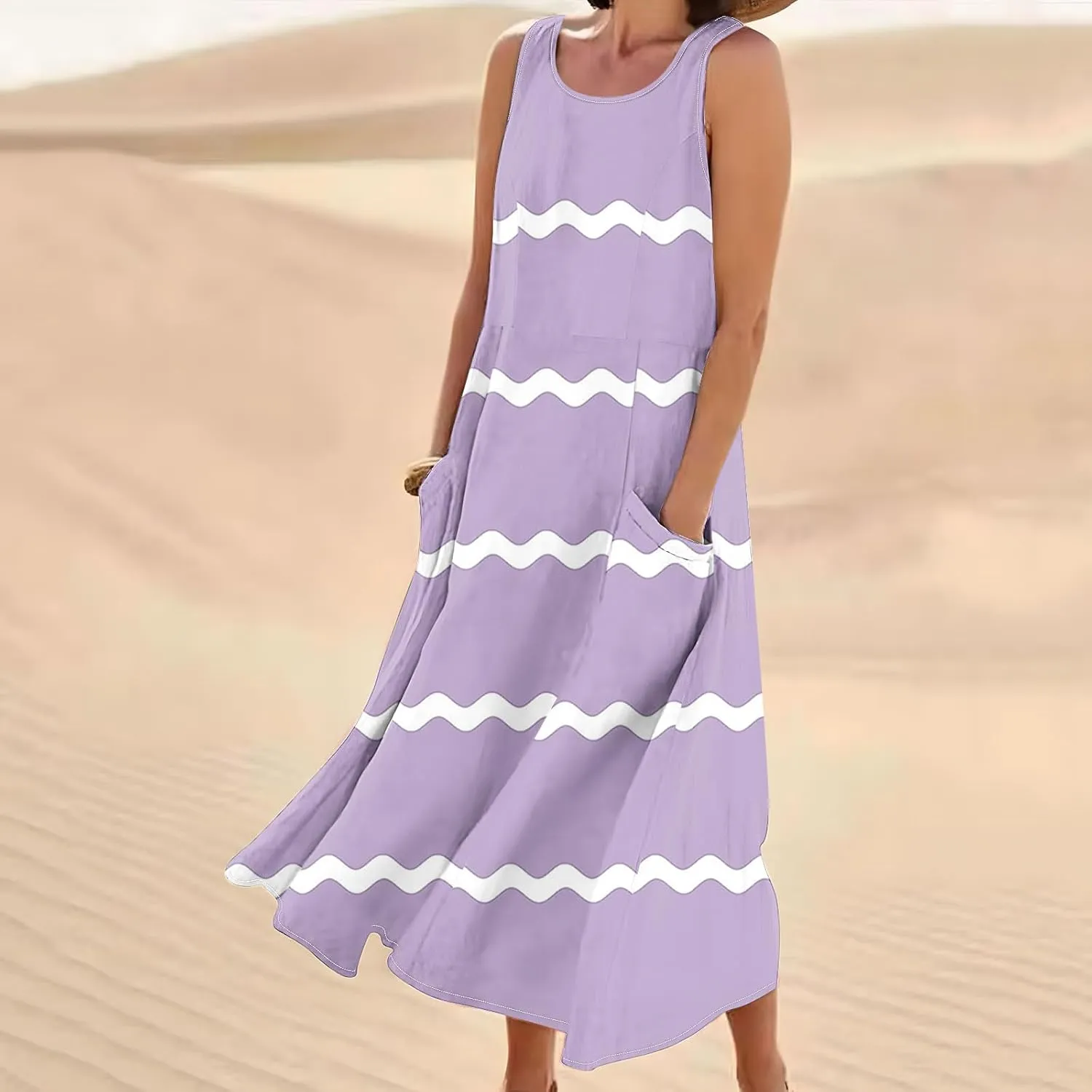 Sundresses for Women 2024 Trendy Sleeveless Printed Loose Fit Ankle Length Dresses Round Neck Flowy Long Dresses