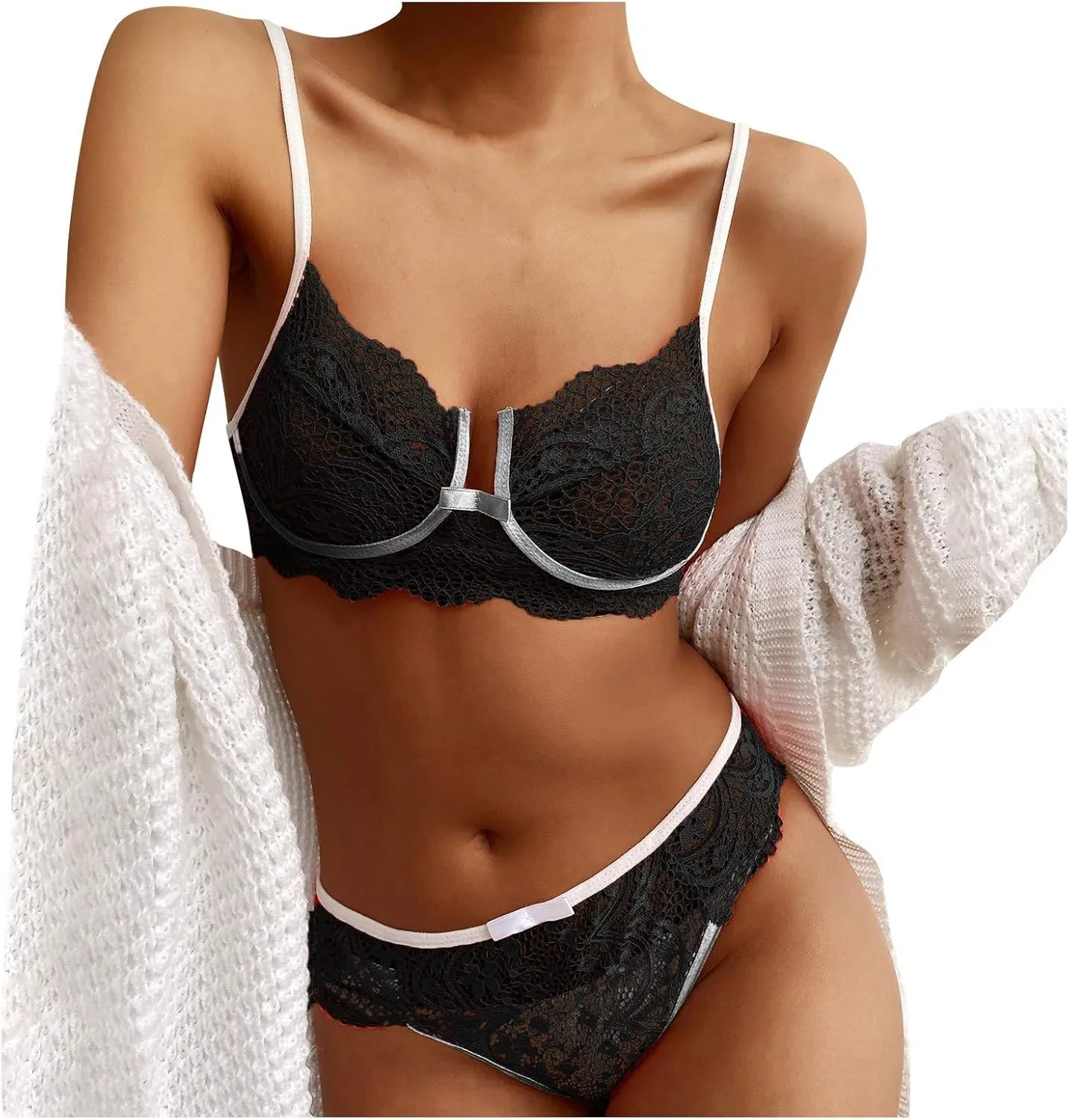 Women Plus Size Lingerie Corset Lace Floral Bralette Bra Two Piece Underwear Silky Nightgowns for Women Sexy Corsets Black