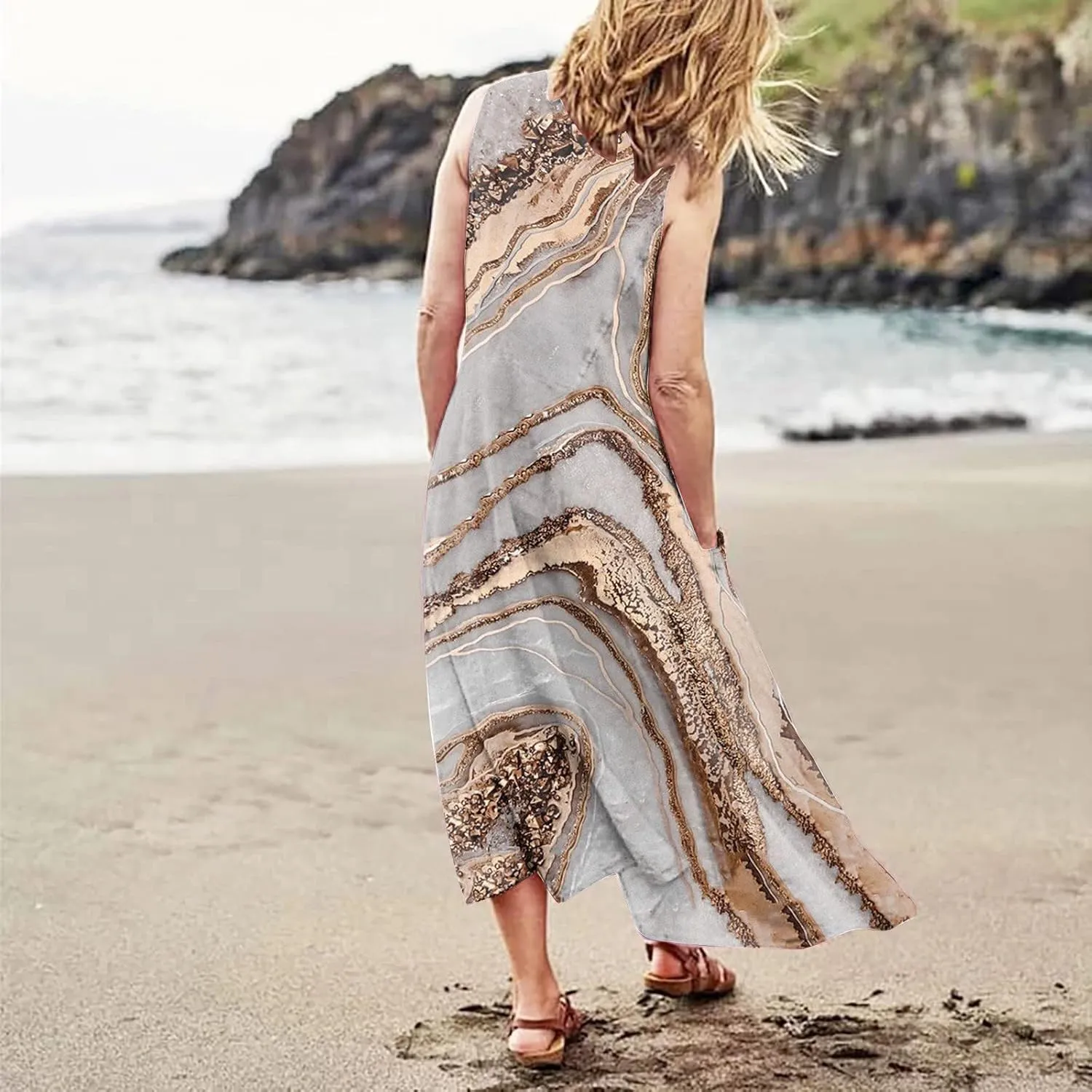 Women Summer Linen Dress 2024 Casual Tank Dress Flowy Sleeveless Long Dress Printed Maxi Dresses with Pockets