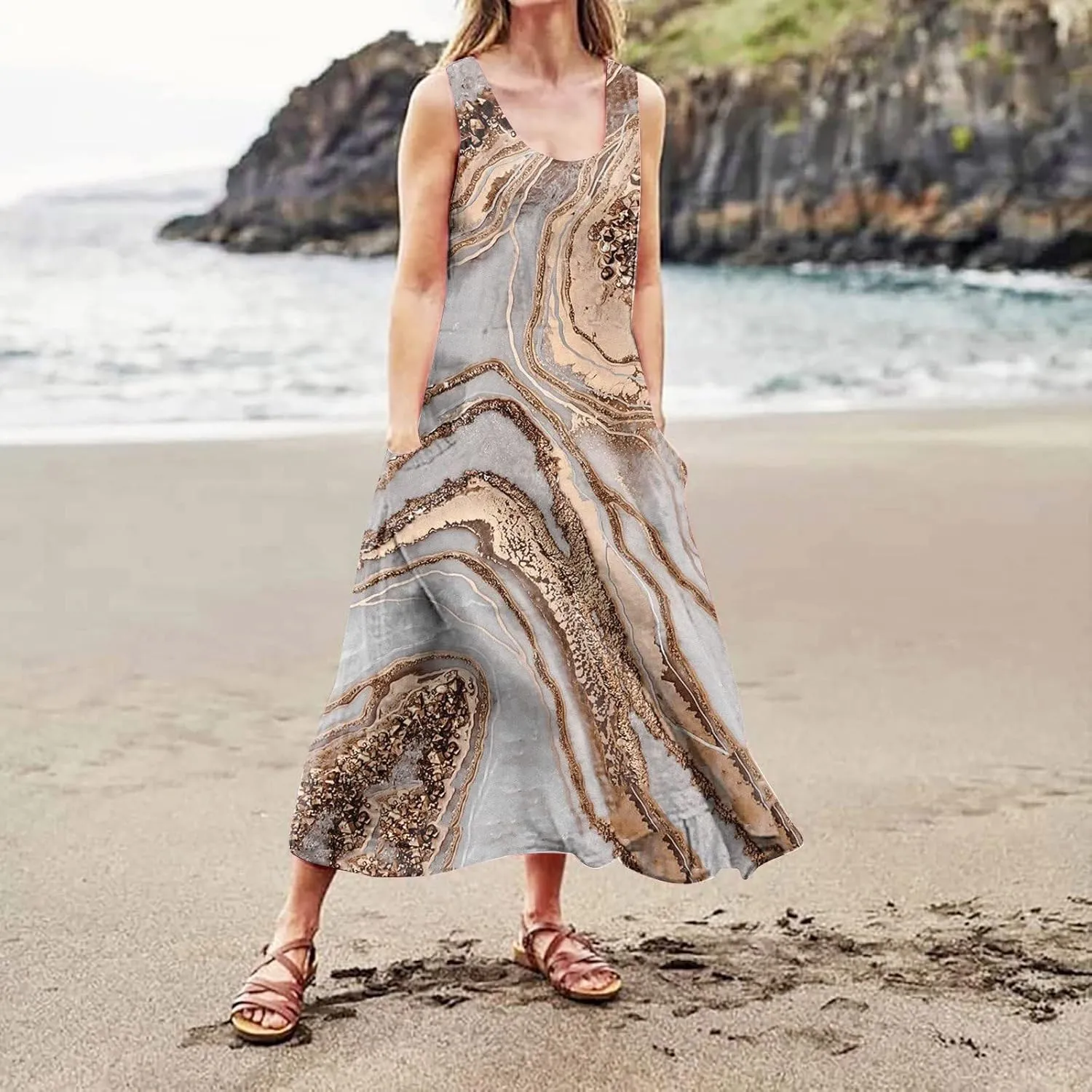 Women Summer Linen Dress 2024 Casual Tank Dress Flowy Sleeveless Long Dress Printed Maxi Dresses with Pockets