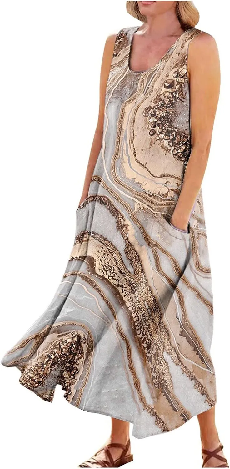 Women Summer Linen Dress 2024 Casual Tank Dress Flowy Sleeveless Long Dress Printed Maxi Dresses with Pockets
