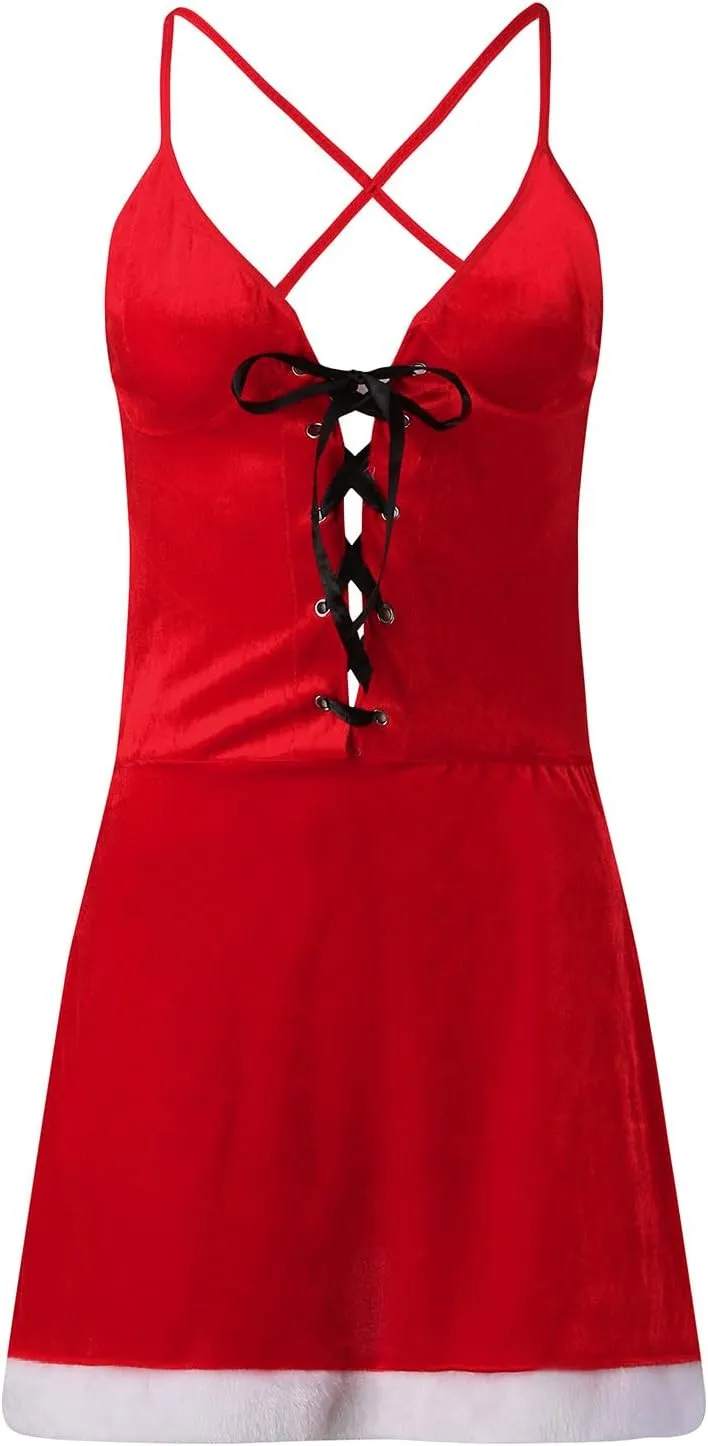 Women's Nightie Babydoll Lingerie Sexy Velvet Lingerie Set for Women Christmas Cami Slutty Dress Mesh Nightgown Lace