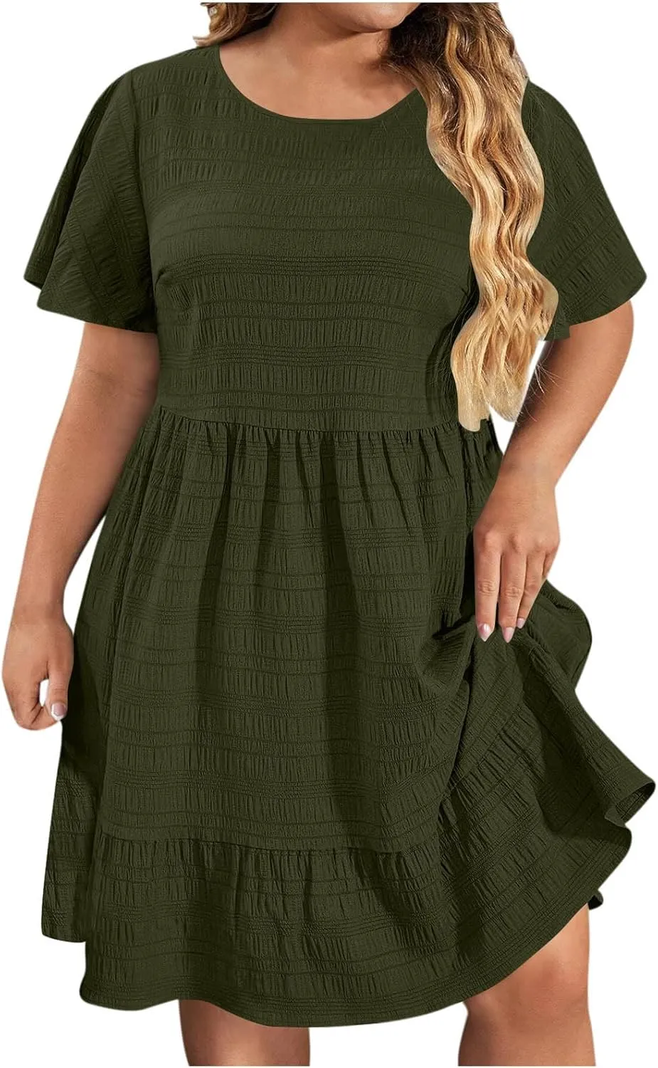 Womens Plus Size Summer Dress 2025 Short Sleeve Casual Mini Dresses Ruffles Trim Empire Waist T-Shirt Dress
