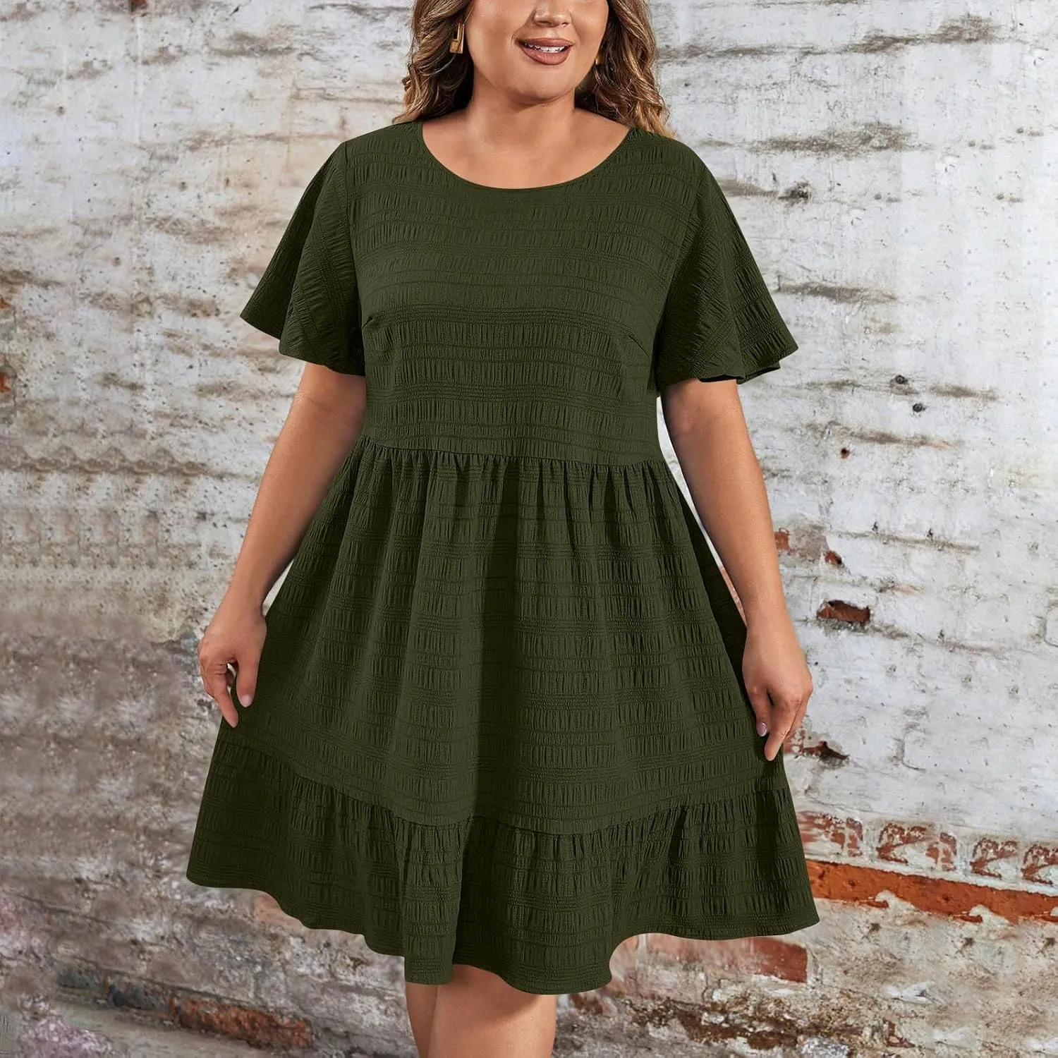 Womens Plus Size Summer Dress 2025 Short Sleeve Casual Mini Dresses Ruffles Trim Empire Waist T-Shirt Dress