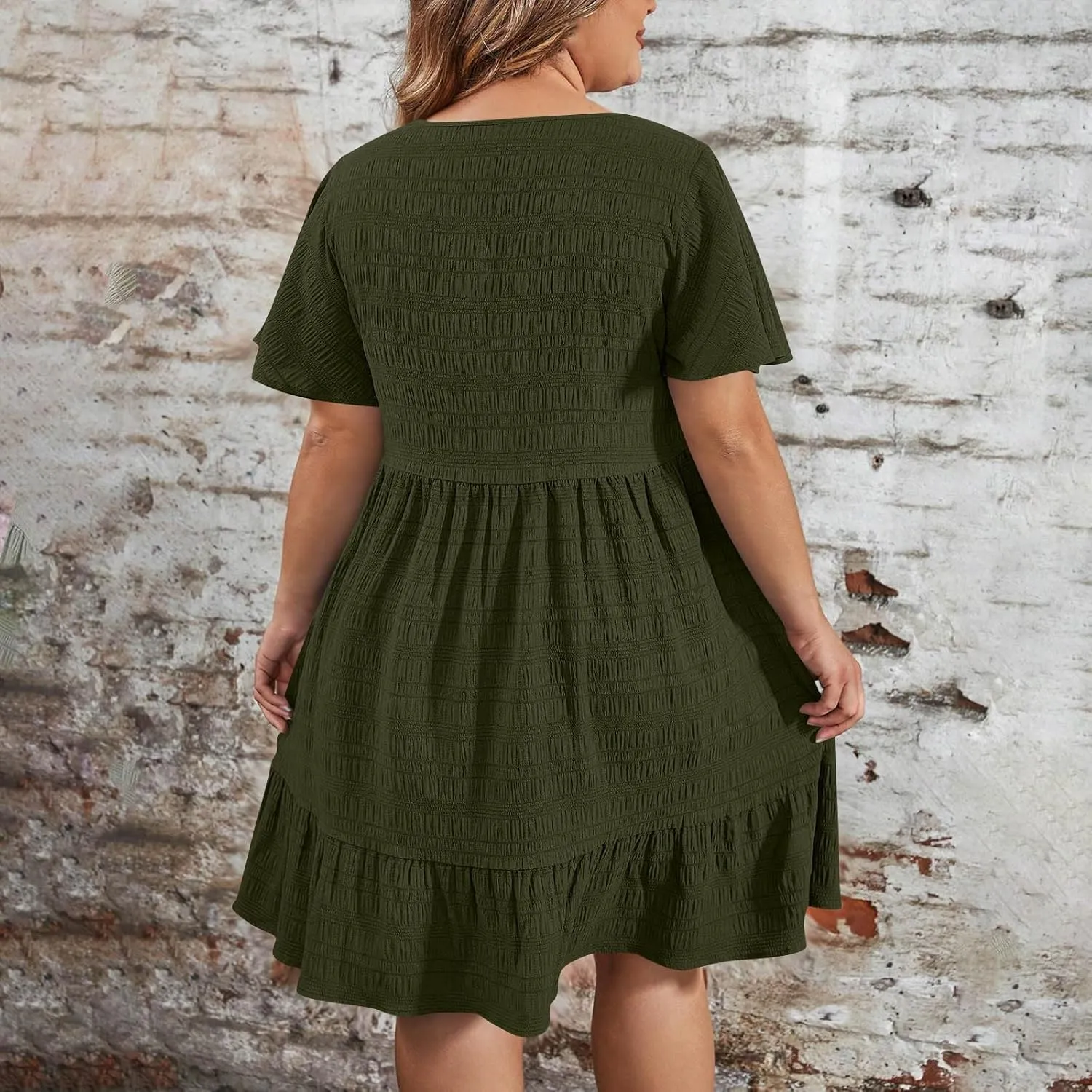 Womens Plus Size Summer Dress 2025 Short Sleeve Casual Mini Dresses Ruffles Trim Empire Waist T-Shirt Dress