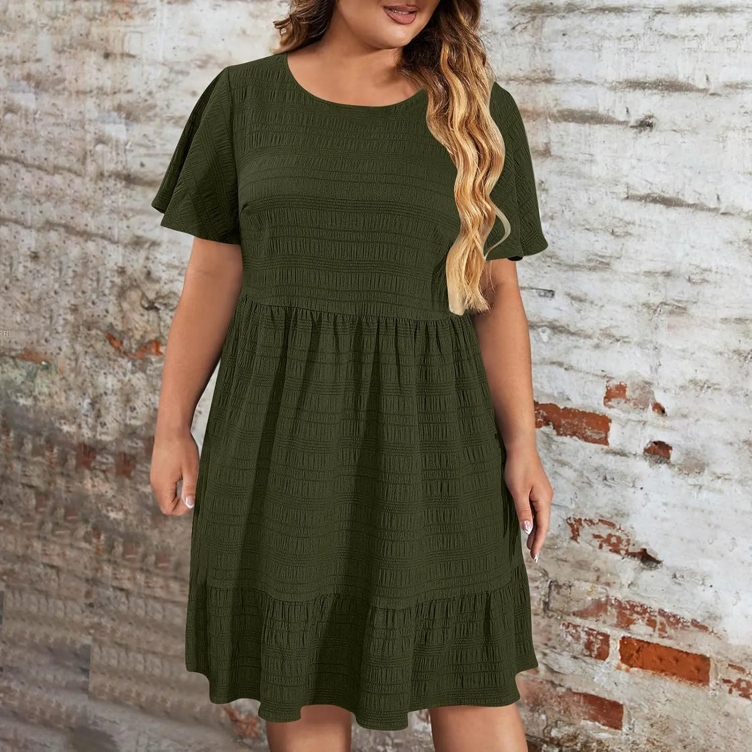 Womens Plus Size Summer Dress 2025 Short Sleeve Casual Mini Dresses Ruffles Trim Empire Waist T-Shirt Dress