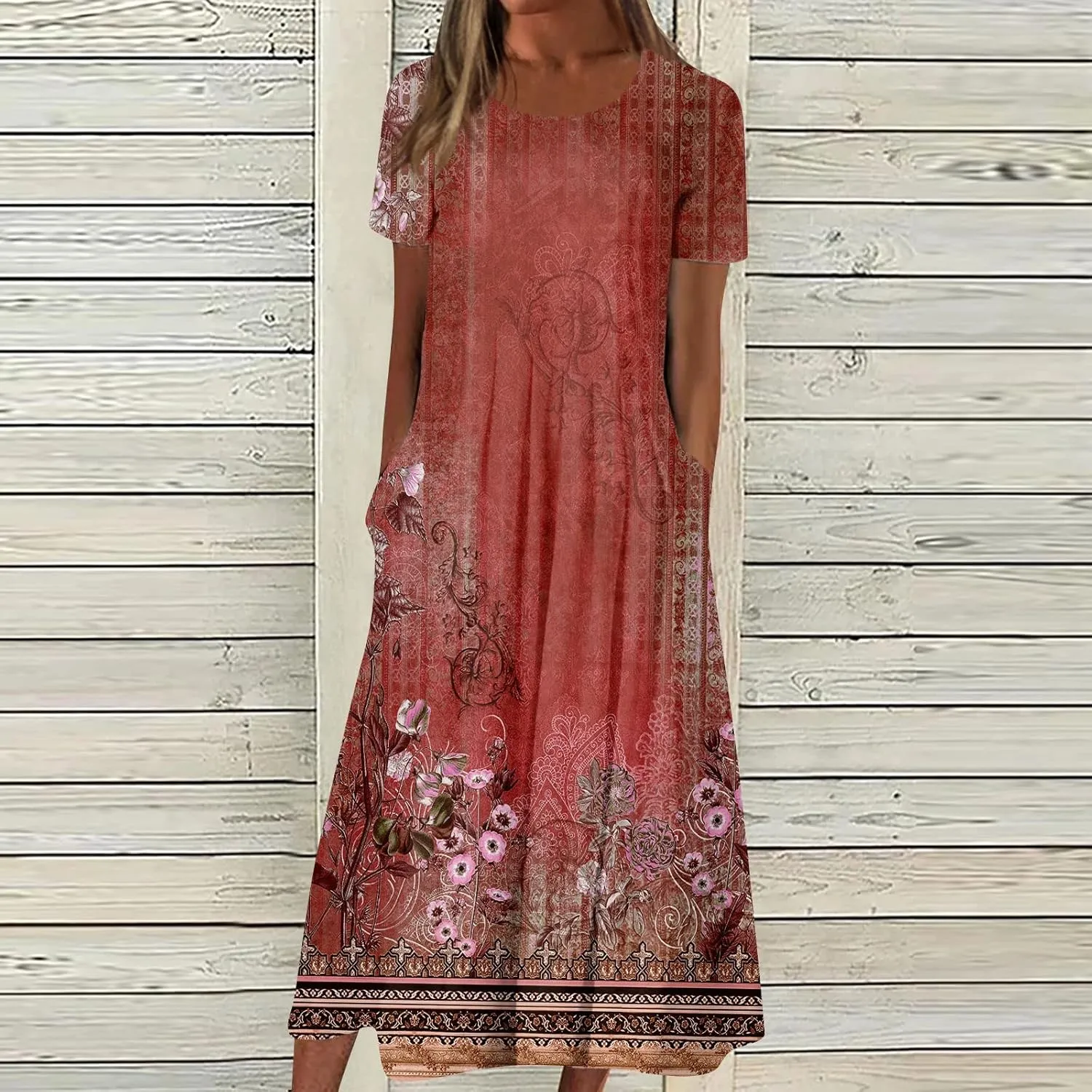 Women's Summer Casual Loose Trendy Short Sleeve Round Neck Solid Vintage Floral Printed Vacation Maxi Dress, S-3XL
