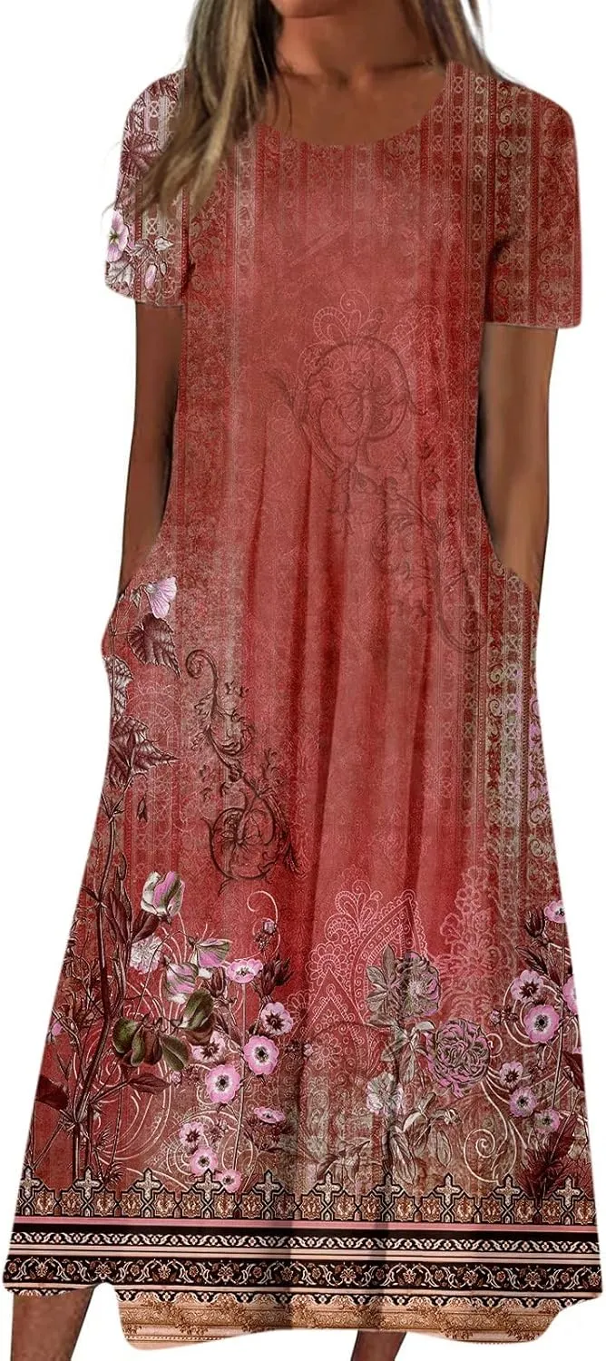 Women's Summer Casual Loose Trendy Short Sleeve Round Neck Solid Vintage Floral Printed Vacation Maxi Dress, S-3XL
