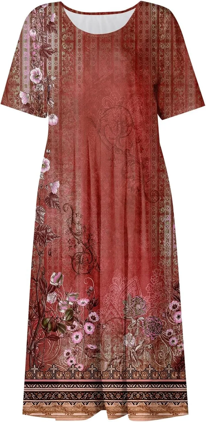 Women's Summer Casual Loose Trendy Short Sleeve Round Neck Solid Vintage Floral Printed Vacation Maxi Dress, S-3XL