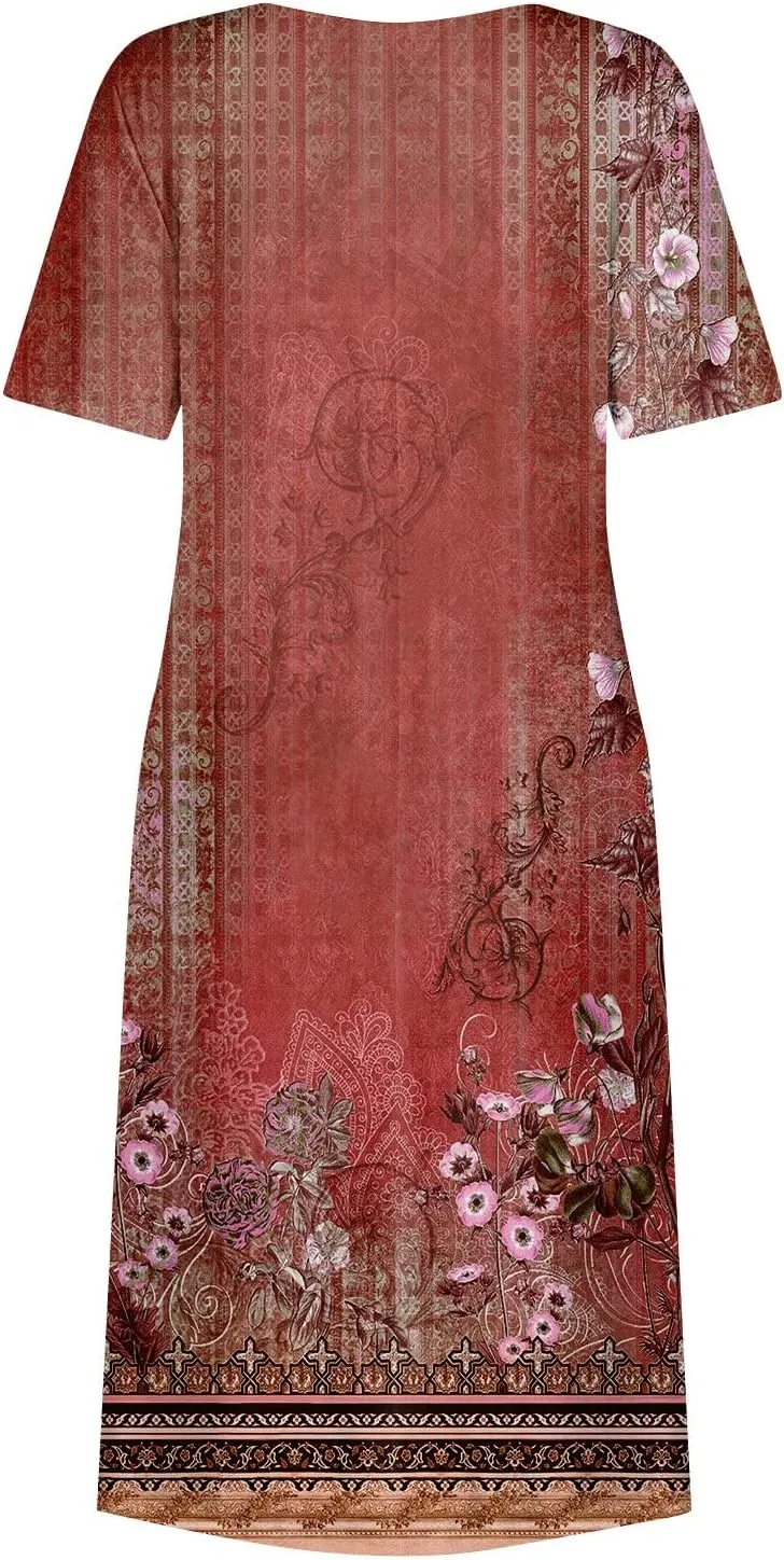 Women's Summer Casual Loose Trendy Short Sleeve Round Neck Solid Vintage Floral Printed Vacation Maxi Dress, S-3XL