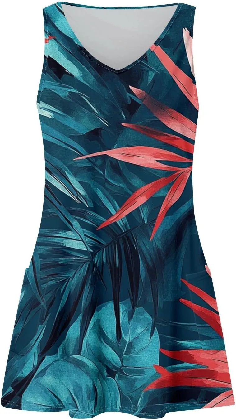 Womens Summer Dresses 2025 Loose V Neck Sleeveless Sundresses Beach Printed Swimsuit Coverup with Pockets