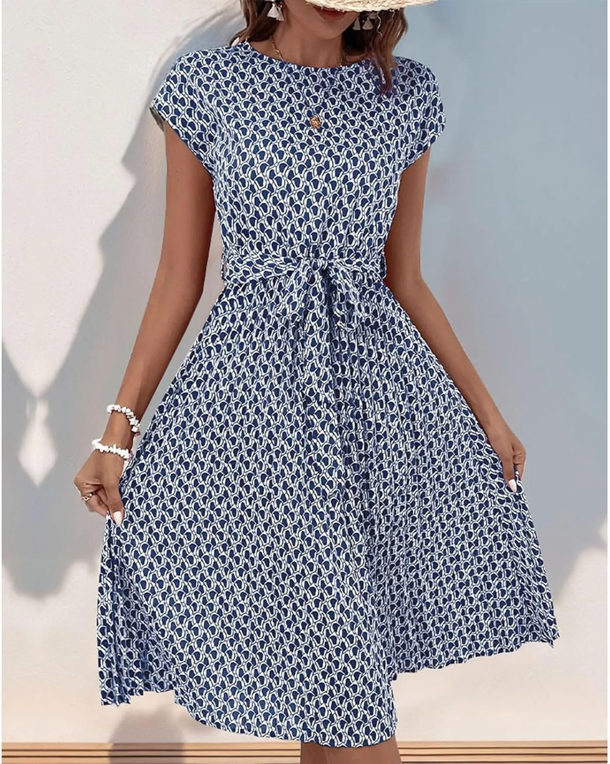 Women's Summer Dresses Short Sleeve Round Neck Midi Dress Vintage Floral Printed Cocktail Party Dresses with Belt