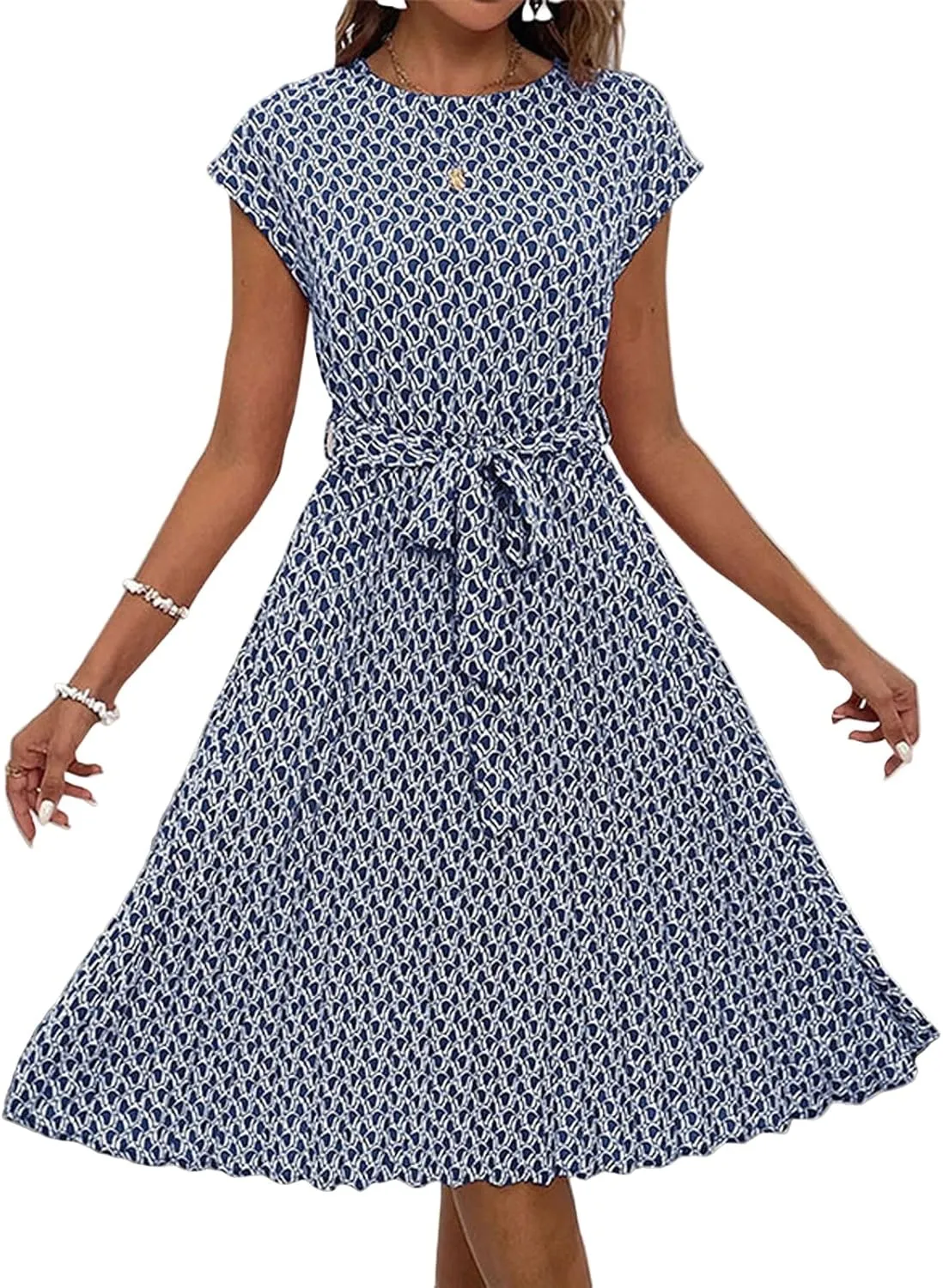 Women's Summer Dresses Short Sleeve Round Neck Midi Dress Vintage Floral Printed Cocktail Party Dresses with Belt