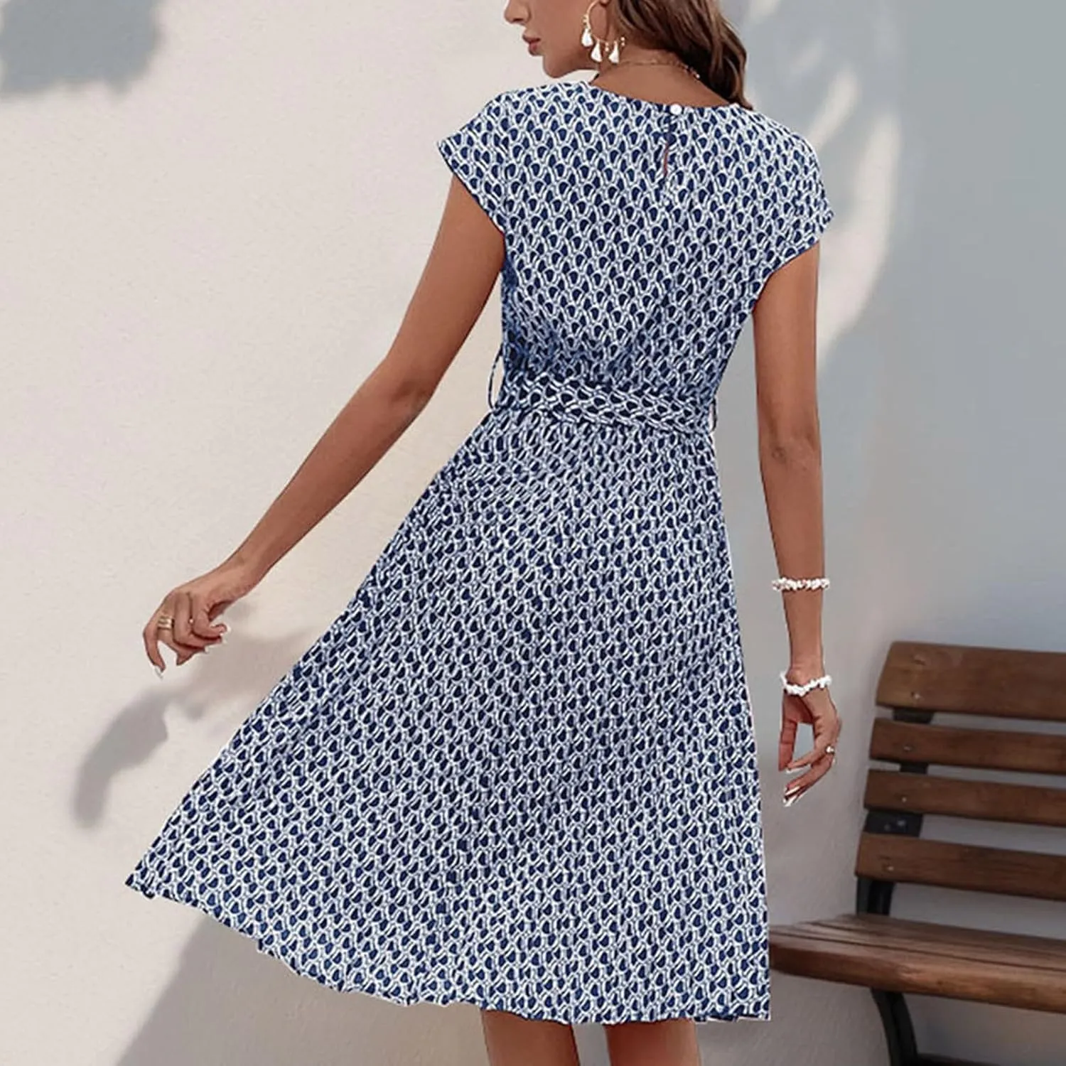 Women's Summer Dresses Short Sleeve Round Neck Midi Dress Vintage Floral Printed Cocktail Party Dresses with Belt