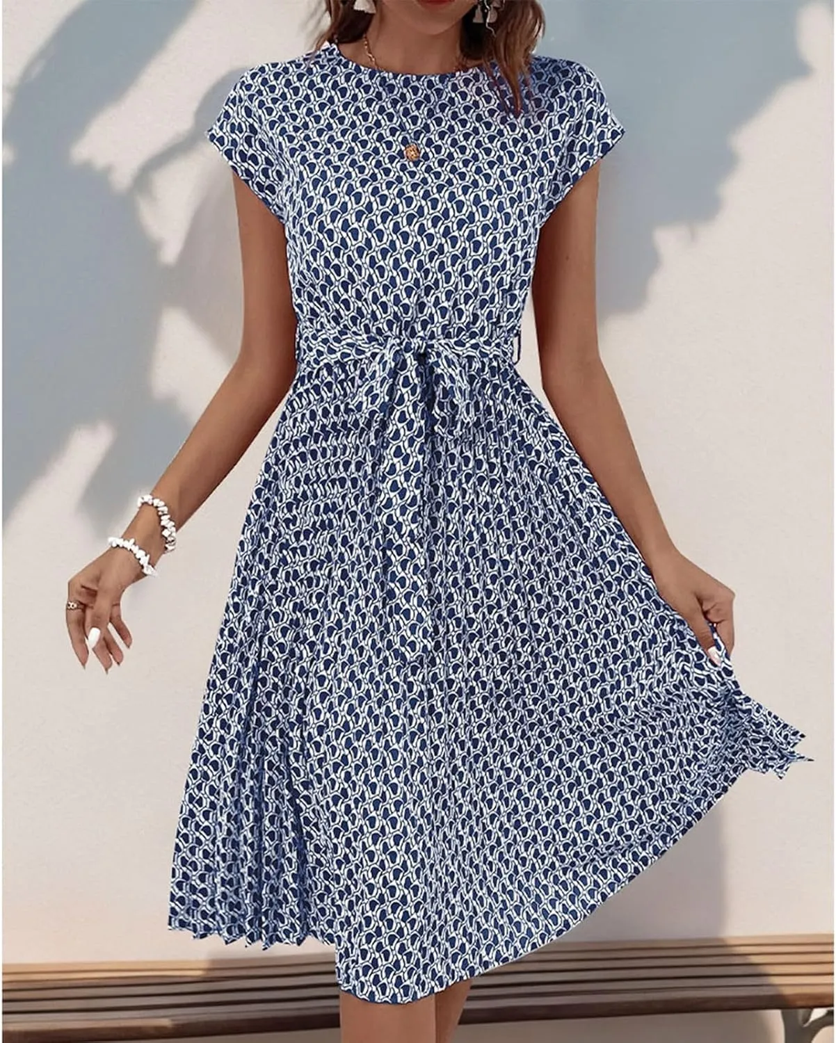 Women's Summer Dresses Short Sleeve Round Neck Midi Dress Vintage Floral Printed Cocktail Party Dresses with Belt