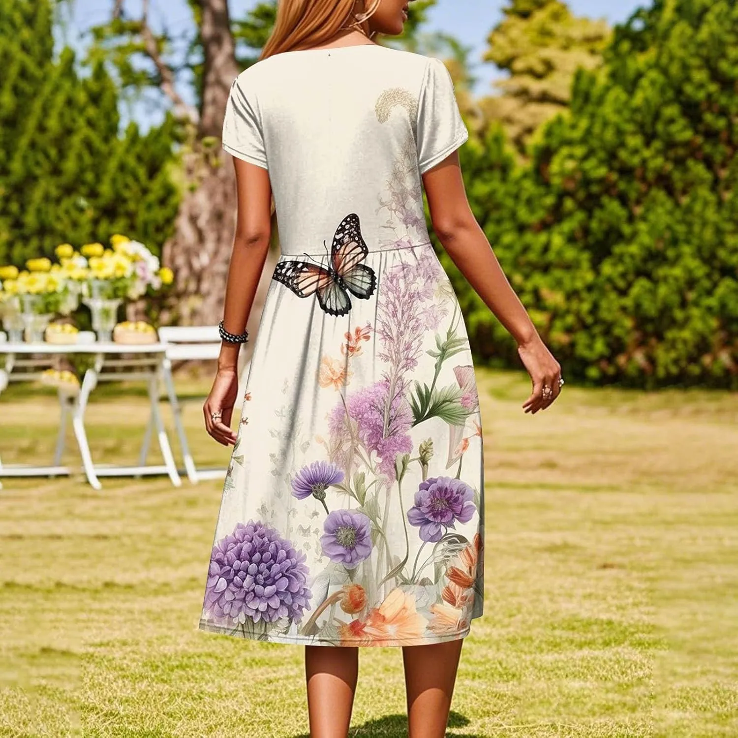 Womens Summer Fashion Dresses Round Neck Flutter Short Sleeve Midi Dress Boho Floral Printed Party Dresses