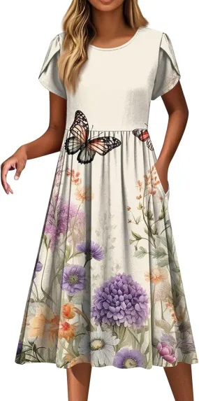 Womens Summer Fashion Dresses Round Neck Flutter Short Sleeve Midi Dress Boho Floral Printed Party Dresses